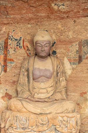Maiji mountain grottoes, world cultural heritage, buddhist statue closeup, tianshui city, gansu province, China.のeditorial素材