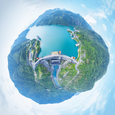 little planet image of the beautiful Dongjiang Lake hydroelectric station landscape in the morning, Chenzhou City, Hunan Province, Chinaの写真素材