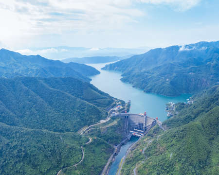 aerial view of small hydroelectric station landscape,Dongjiang Lake in morning, Hunan Province, Chinaの写真素材