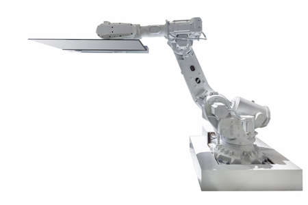 mechanical arm and display device isolated on white, used for vehicle autonomous driving simulationの写真素材