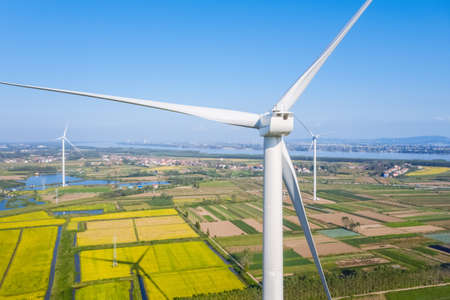 wind turbine closeup , wind power generation in countryside by the middle and lower reaches of Yangtze river, Chinaの写真素材