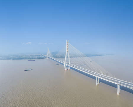 aerial view of the Chizhou Yangtze river bridge, Anhui province, Chinaの写真素材