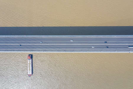 road of bridge close-up on river, abstract cable-stayed bridge sceneの写真素材