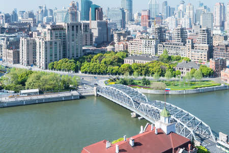 shanghai cityscape of garden bridge on suzhou river with the bundの写真素材