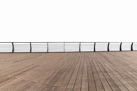 wooden floor and outdoor railings isolated on white, waterfront viewing platformの写真素材