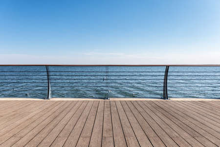 lake view and wooden floor, beautiful natural backgroundの写真素材
