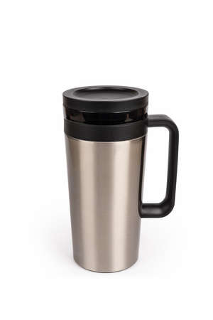 stainless steel vacuum cup isolated on white, coffee filter mug with handleの写真素材