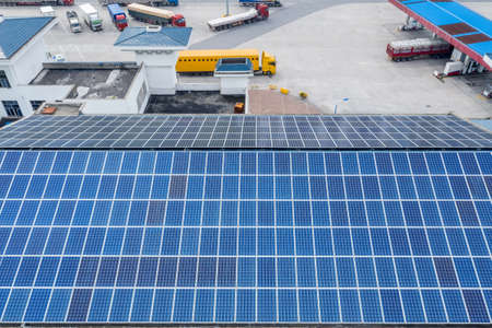rooftop solar panels on expressway service area, new energy developmentの写真素材