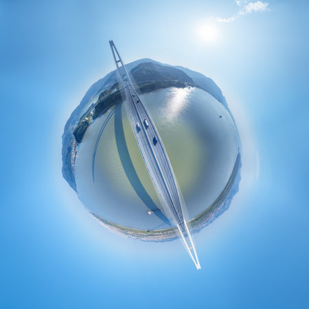 little planet image of the Wuxue bridge on Yangtze river, Hubei province, Chinese characters on the...