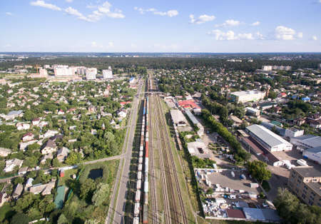 railway, trains with wagons, view from aboveの写真素材