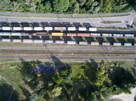 railway, trains with wagons, view from aboveの写真素材