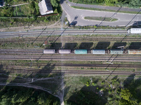 railway, trains with wagons, view from aboveの写真素材