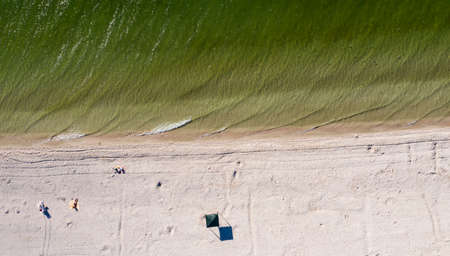 sandy beach on the seashore, view from aboveの写真素材
