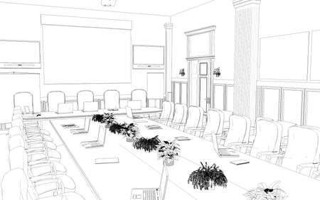 conference room, meeting room, contour visualization, 3D illustration, sketch, outlineの写真素材
