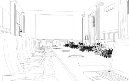 conference room, meeting room, contour visualization, 3D illustration, sketch, outlineの写真素材