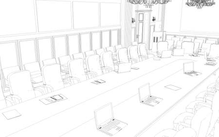 conference room, meeting room, contour visualization, 3D illustration, sketch, outlineの写真素材