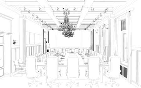 conference room, meeting room, contour visualization, 3D illustration, sketch, outlineの写真素材