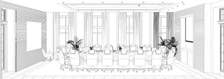 conference room, meeting room, contour visualization, 3D illustration, sketch, outlineの写真素材