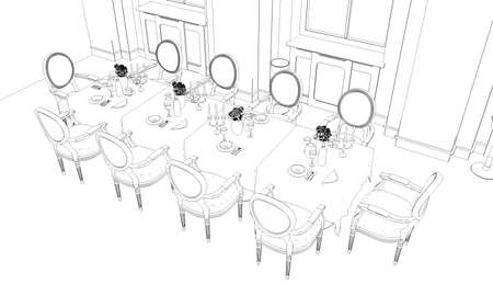 restaurant, 3D illustration, sketch, outlineの写真素材
