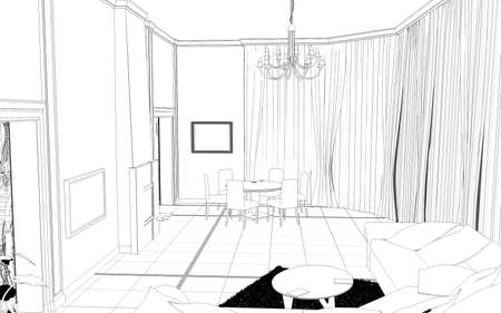interior contour visualization, 3D illustration, sketch, outlineの写真素材
