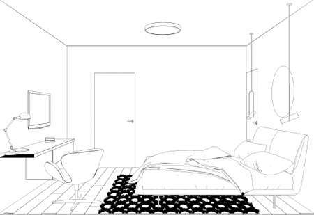 bedroom, contour visualization, 3D illustration, sketch, outlineの写真素材
