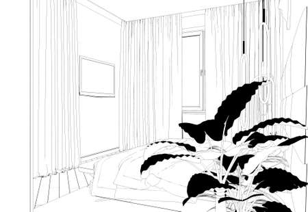 bedroom, contour visualization, 3D illustration, sketch, outlineの写真素材