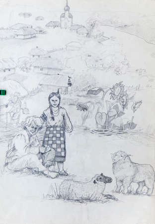 pencil drawing illustration, portrait, sketchの写真素材