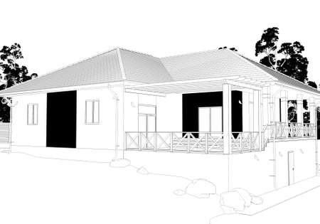 exterior of a country house, cottage, contour visualization, 3D illustration, sketch, outlineの写真素材