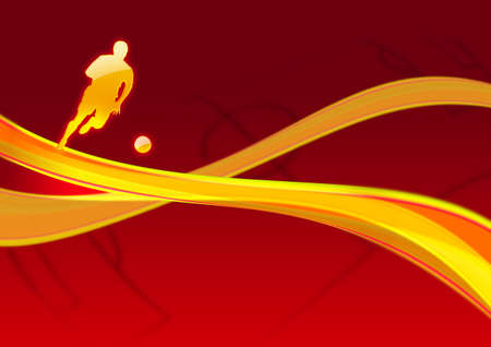Dynamic golden football player with football pitch as backgroundの写真素材
