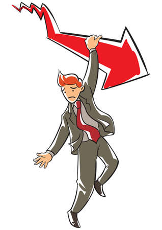 Frowning executive hanging on a falling red arrowのイラスト素材