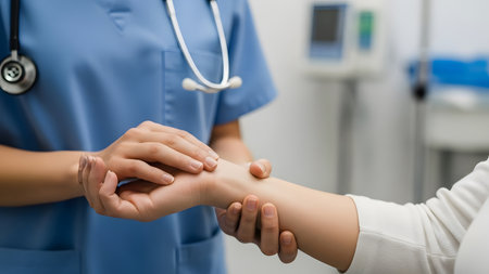 Medical checkup, patient care, doctor, nurse, health monitoring, pulse checkの素材