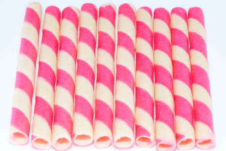 Wafer cream stuffed strawberry berries on a white background.の写真素材