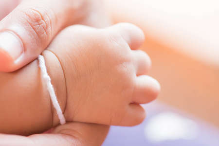 Adult hand holding the hand of a child.の写真素材