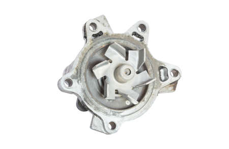 Engine parts placed on a white background.