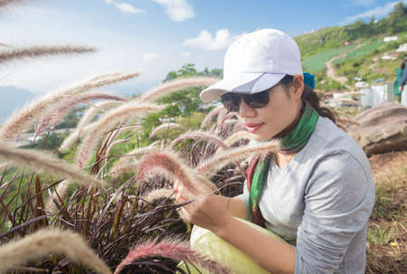 Woman with Setaria verticillata on Phu Thap Boek.