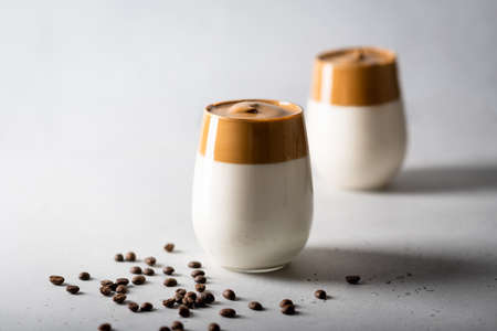 coffee dalgona in a glass on a light background, fashion korean trend.の写真素材
