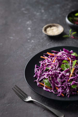 Red cabbage coleslaw with carrot on a dark background. Healthy food concept. の写真素材