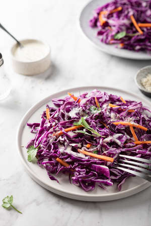 Red cabbage coleslaw with carrot on a light background. Healthy food concept. の写真素材