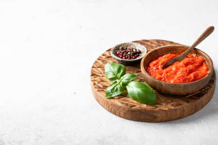 Balkan traditional pepper sauce ajvar, place for textの写真素材