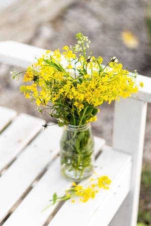 bouquet of yellow wildflowers in a bottle on a white wooden bench , summer conceptの写真素材