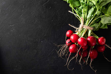 fresh garden radish on a black background, top view, copyspace