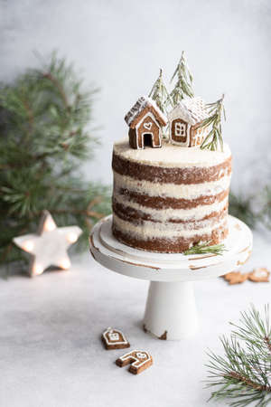christmas gingerbread cake with gingerbread houses, selective focusの写真素材