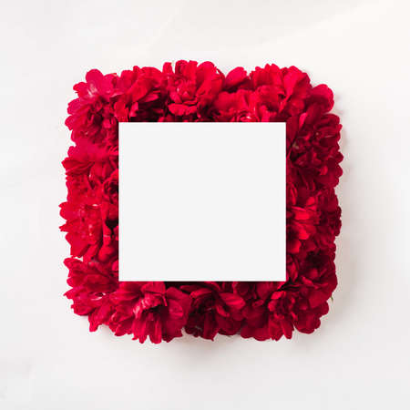 Square of roses flowers on a white background, top view, mockup. Floral textured figure, place for...