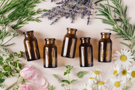 concept of natural cosmetics and healing herbs, top viewの写真素材