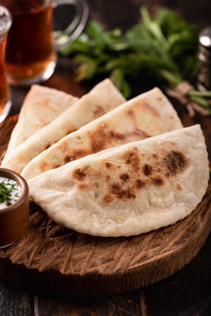 Gozleme, traditional turkish cuisine, flatbread, selective focus