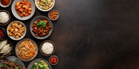 chinese traditional food on dark background, top view, bannerの写真素材