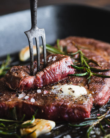 beef steak with rosemary, black pepper, sea salt and butter on a grill pan, selective focusの写真素材
