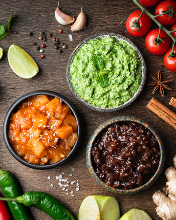 Set of indian chutneys with ingredients on wooden background, top view