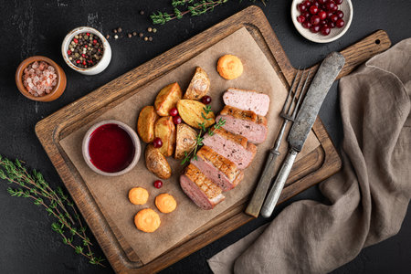 Roast duck breast with potatoes, carrot cream and berry sauce on wooden background, top viewの写真素材