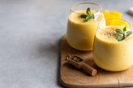 Lassi, mango refreshing drink, indian traditional cocktail, selective focus, copy spaceの写真素材